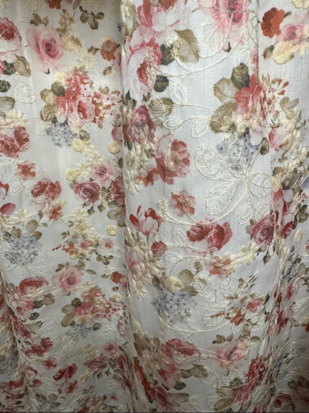 074 • Roses Print Cream Embroidery Floral Maxi Skirt Ruffle Crop Top Summer Set - Picture 9 of 11